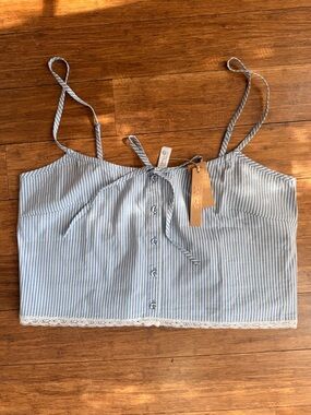 SKIMS Blue and White Striped Lace-Hem Cropped poplin Cami nwt medium